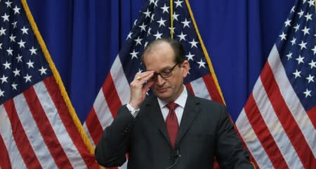 U.S. Labor Secretary Alexander Acosta holds news conference about his role in a 2008 plea deal with financier Epstein at the Labor Department in Washington