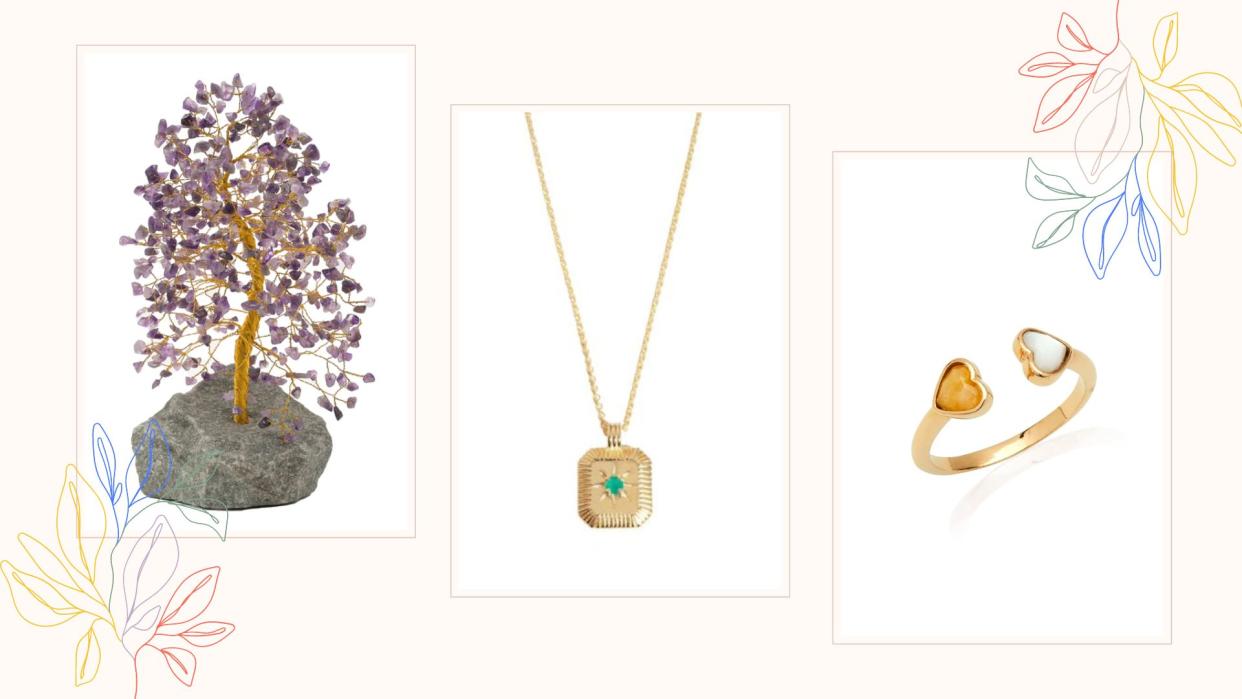  A composite image of three of the best birthstone gifts in 2023, on a cream background with floral graphics. 