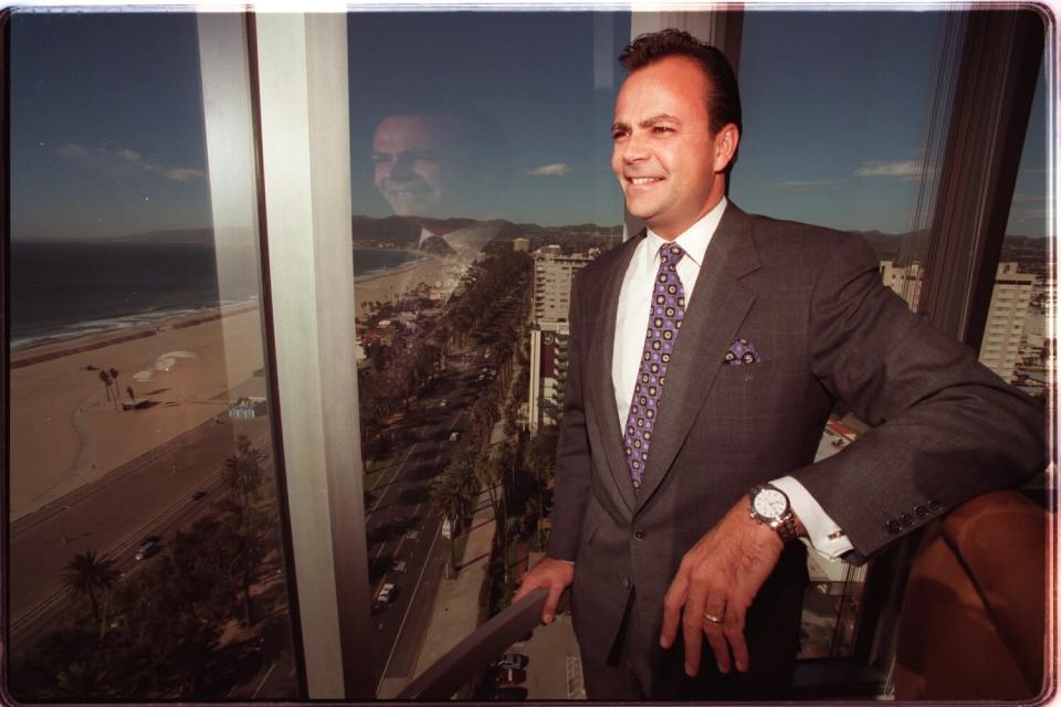 Caruso in 1997, at his corner office on the 14th floor at 100 Wilshire Blvd. in Santa Monica.