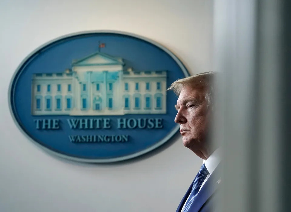 WASHINGTON, DC - APRIL 21: U.S. President Donald Trump participates in the daily coronavirus task force briefing at the White House on April 21, 2020 in Washington, DC. Earlier in the day, the president met with New York Gov. Andrew Cuomo in the Oval Office to discuss COVID-19 testing.  (Photo by Drew Angerer/Getty Images)