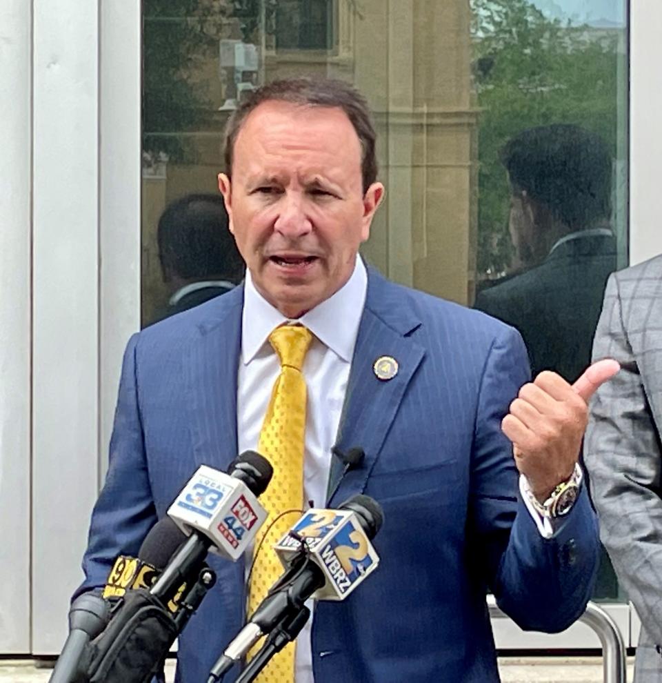 Louisiana Attorney General Jeff Landry conducts a press conference on July 18, 2022 outside of the 19th Judicial Courthouse in Baton Rouge following a hearing of the state's abortion ban.