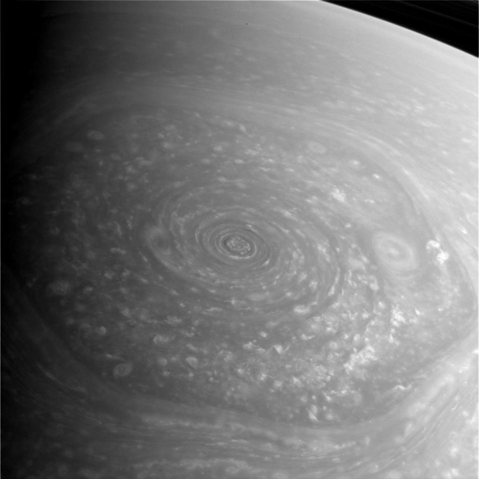 Saturn's mysterious northern vortex, a vast hexagon-shaped storm, dominates this photo taken Nov. 27, 2012, by NASA's Cassini spacecraft. This image is a raw and unprocessed view. (NASA/JPL-Caltech/Space Science Institute)