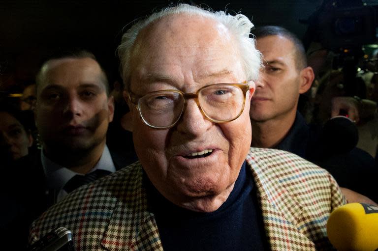 French far-right Front National party's honour president Jean-Marie Le Pen speaks to journalists on March 29, 2015 in Carpentras, France