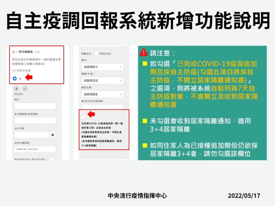 20220517nm015「0+7」自主防疫新制17日上路，自主疫調回報系統已更新，民眾可自行勾選。（指揮中心提供）