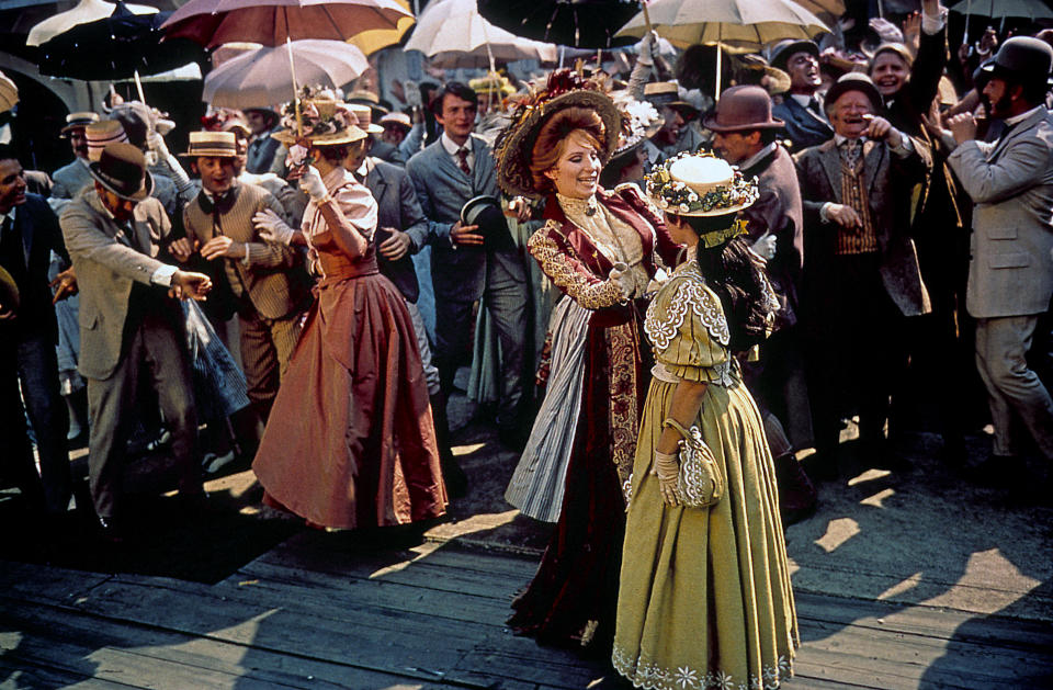 Barbra Streisand says goodbye to a girl in a scene from the film 'Hello, Dolly!', 1969. (Photo by 20th Century-Fox/Getty Images)