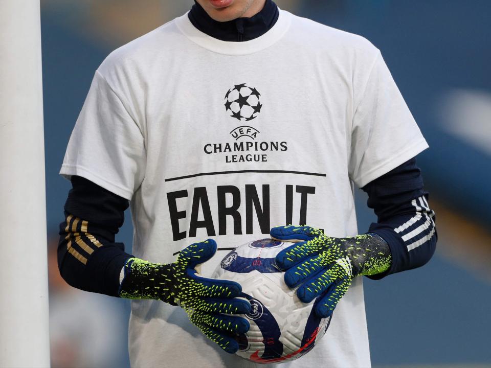 Leeds’ Illan Meslier wears a T-shirt with a slogan against a proposed new European Super League (POOL/AFP via Getty Images)