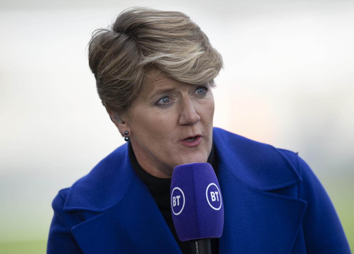 MANCHESTER, ENGLAND - FEBRUARY 23: BT Sport Television presenter Clare Balding before the Barclays FA Women's Super League match between Manchester City and Chelsea at The Academy Stadium on February 23, 2020 in Manchester, United Kingdom. (Photo by Visionhaus)