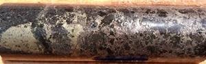 SM2020-1 semi-massive to massive sulphides showing chalcopyrite, pentlandite and pyrrhotite grading 2.70% Nickel, 1.47% Copper and 3.31 gpt Palladium over 1.50 m at a depth of 110 m from surface