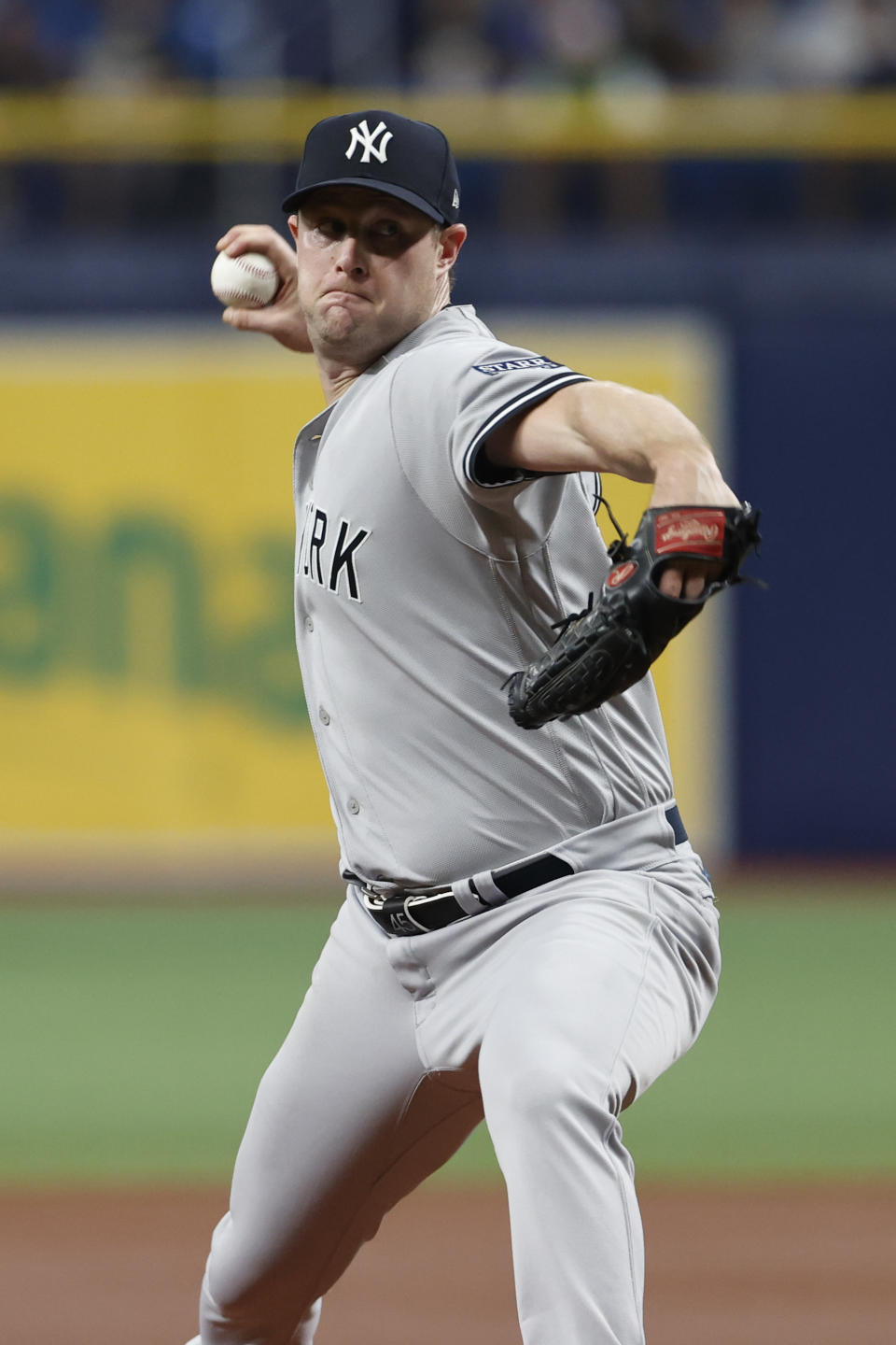 New York Yankees starting pitcher Gerrit Cole throws to a Tampa Bay Rays batter during the first inning of a baseball game Friday, Aug. 25, 2023, in St. Petersburg, Fla. (AP Photo/Scott Audette)