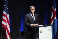 US Secretary of State Antony Blinken pauses during a joint press conference following meetings with the Icelandic Foreign Minister Gudlaugur Thor Thordarson, at the Harpa Concert Hall in Reykjavik, Iceland, Tuesday, May 18, 2021. Blinken is touting the Biden administration's abrupt shift in its predecessor's climate policies as he visits Iceland for talks with senior officials from the world's Arctic nations. (Saul Loeb/Pool Photo via AP)