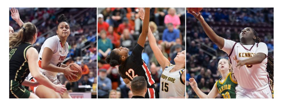 Some of the members of the District 10 Girls Basketball All-Region teams include, from left, Cathedral Prep's Jayden McBride, Northwestern's Makayla Presser-Palmer and Kennedy Catholic's Layke Fields.