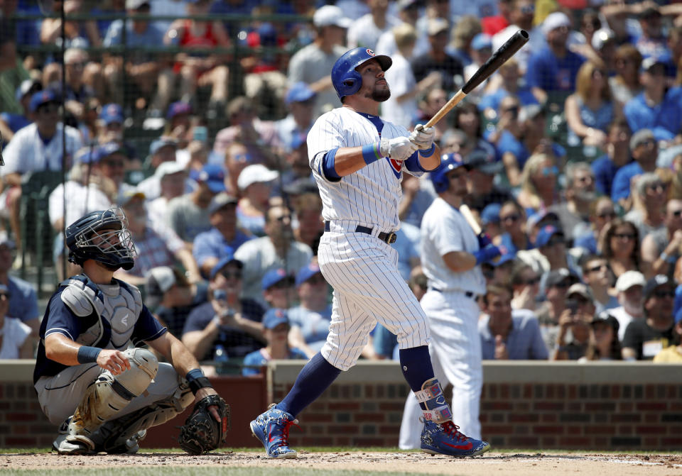 Kyle Schwarber took out a piece of Wrigley Field with a batting practice home run. (AP Photo)