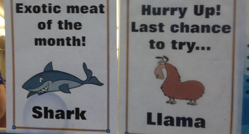 Burger Bar advertising shark and llama meat.