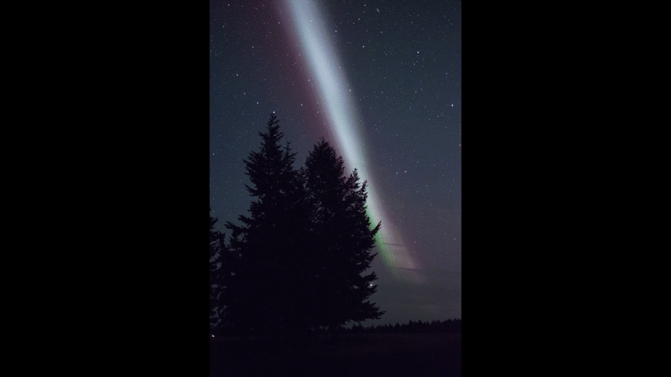 STEVE ripples over Helena Lake Ranch, BC, Canada in the early evening. The feature was visible for about an hour. <cite>Andy Witteman —@CNLastro</cite>