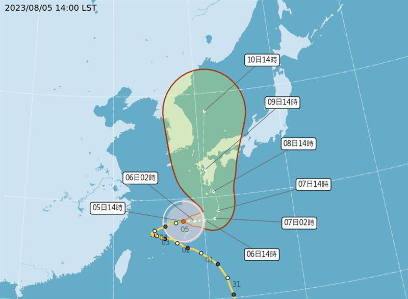 卡努將進入九州到琉球之間。（圖／翻攝自氣象局）