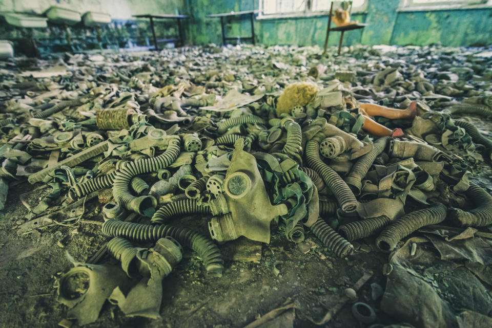 Abandoned gas masks in Pripyat, Chernobyl exclusion Zone, Ukraine - 2018 / Credit: Chiara Salvadori / Getty Images