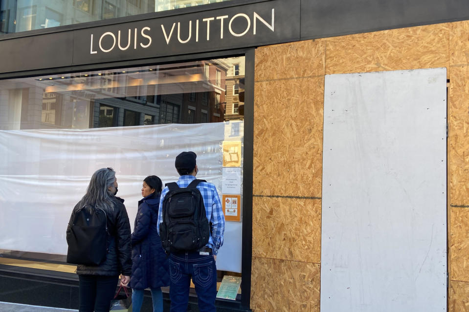 Damage to the Louis Vuitton store on Nov. 21, 2021, after looters ransacked businesses in San Francisco’s Union Square. - Credit: Danielle Echeverria/AP