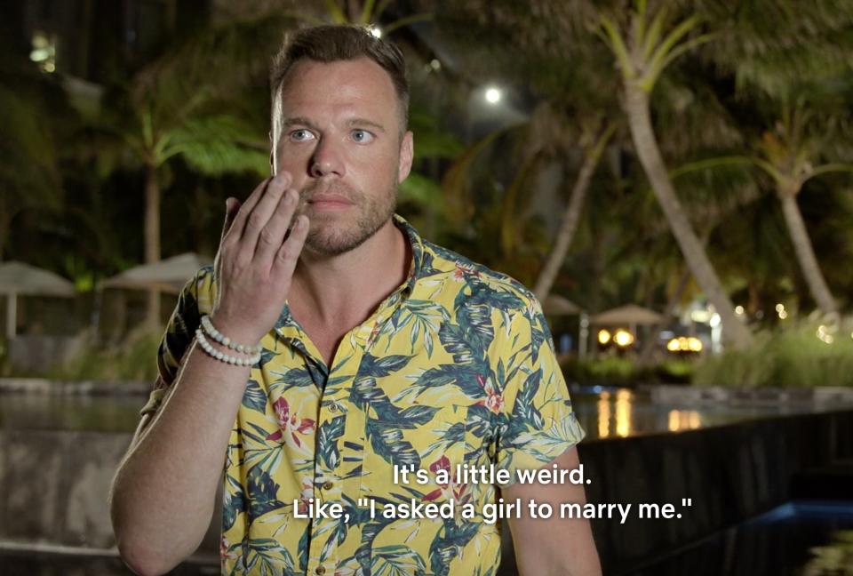 Nick saying "It's a little weird. Like, 'I asked a girl to marry me.'"