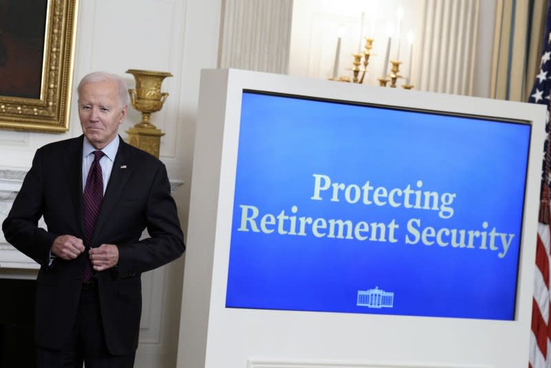 President Joe Biden delivers remarks about retirement security and junk fees in the State Dining Room of the White House in Washington, D.C., on Tuesday. Biden proposed new federal rules Tuesday aimed at eliminating junk fees and he promoted increased competition for post-employment savings plans, as well.

Photo by Yuri Gripas/UPI