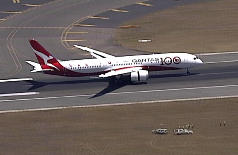 In this image made from video, Qantas Boeing 787 Dreamliner plane lands at Sydney airport in Sydney, Friday, Nov. 15, 2019. Australian airliner Qantas completed a non-stop flight from London to Sydney used to assess the effects of ultra-long-haul flights on crew fatigue and passenger jetlag.(Australia Pool via AP)