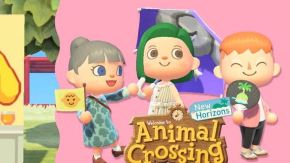 a photo of three animal crossing people on a pink background with animal crossing logo on it