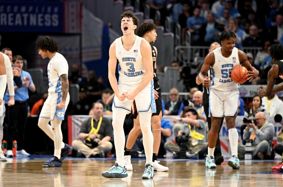 WASHINGTON, DC - MARCH 14: Cormac Ryan #3 of the North Carolina Tar Heels celebrates in the first half against the Florida State Seminoles in the Quarterfinals of the ACC Men's Basketball Tournament at Capital One Arena on March 14, 2024 in Washington, DC. (Photo by Greg Fiume/Getty Images)