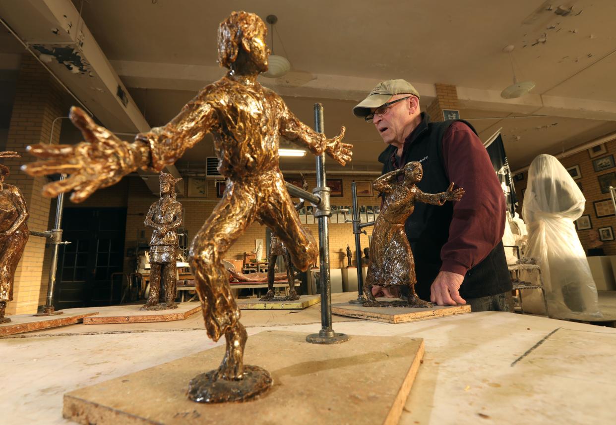 Sculptor Alan Cottrill talks about the models for the Lenape Diaspora Memorial in Newcomerstown on display in his Zanesville studio.