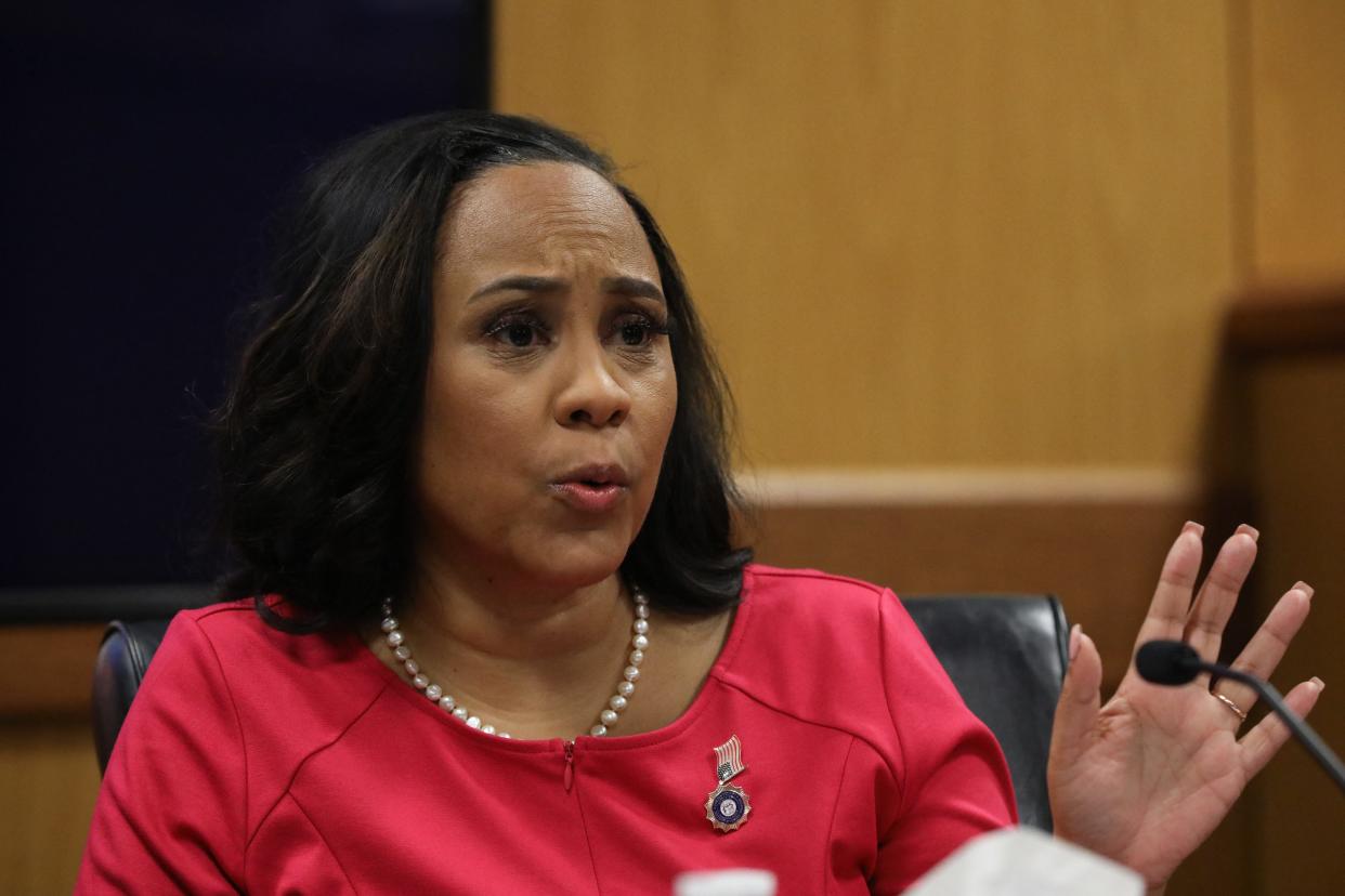 Fulton County district attorney Fani Willis testifies during a hearing into 'misconduct' allegations against her at the Fulton County Courthouse in Atlanta, Georgia, on February 15, 2024. Willis, who brought election interference charges against former US President Donald Trump, acknowledged on February 2, 2024, that she had a romantic relationship with Special Prosecutor Nathan Wade, whom she hired to work on the high-profile case. (Photo by ALYSSA POINTER / POOL / AFP) (Photo by ALYSSA POINTER/POOL/AFP via Getty Images) ORG XMIT: 776022538 ORIG FILE ID: 2006232691