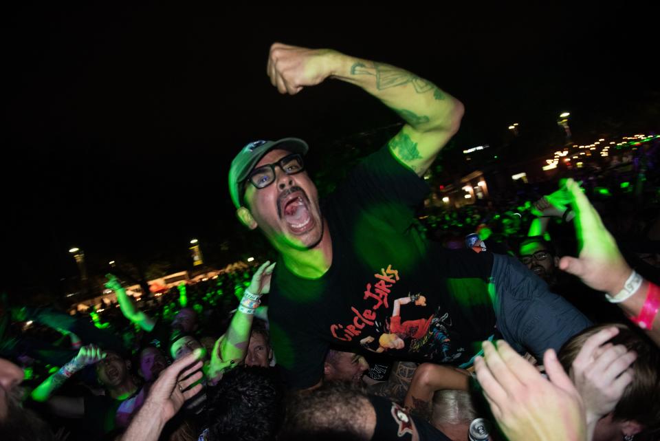 Audience members crowd surf during The Fest in Gainesville, Fla., on Friday, Oct. 28, 2022. (Lawren Simmons/Special to the Sun)