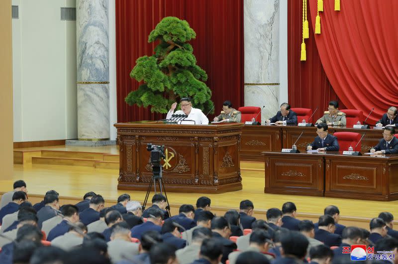 North Korean leader Kim Jong Un speaks during the 5th Plenary Meeting of the 7th Central Committee of the Workers' Party of Korea