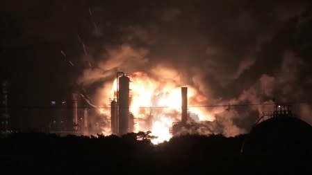 An explosion occurs during a massive fire at Philadelphia Energy Solutions Inc's oil refinery in this still image from video in Philadelphia