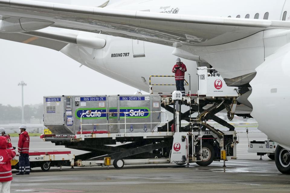 The containers carrying the coronavirus vaccines donated by Japanese government, are loaded to a plane before its departure for Taiwan, at Narita International Airport in Narita, east of Tokyo, Friday, June 4, 2021. Japan is donating 1.24 million doses of AstraZeneca vaccine to Taiwan to help the island fight its latest resurgence of the COVID-19 cases, as Tokyo, despite its painfully slow vaccine rollouts at home, tries to play a greater role in global vaccination distribution.(Sadayuki Goto/Kyodo News via AP)