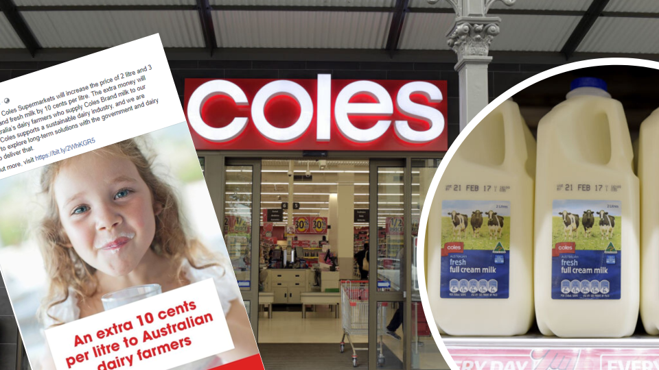 Pictured: Coles supermarket, Coles milk, Coles 10cpl milk farmer promotion. Images: Coles, Getty