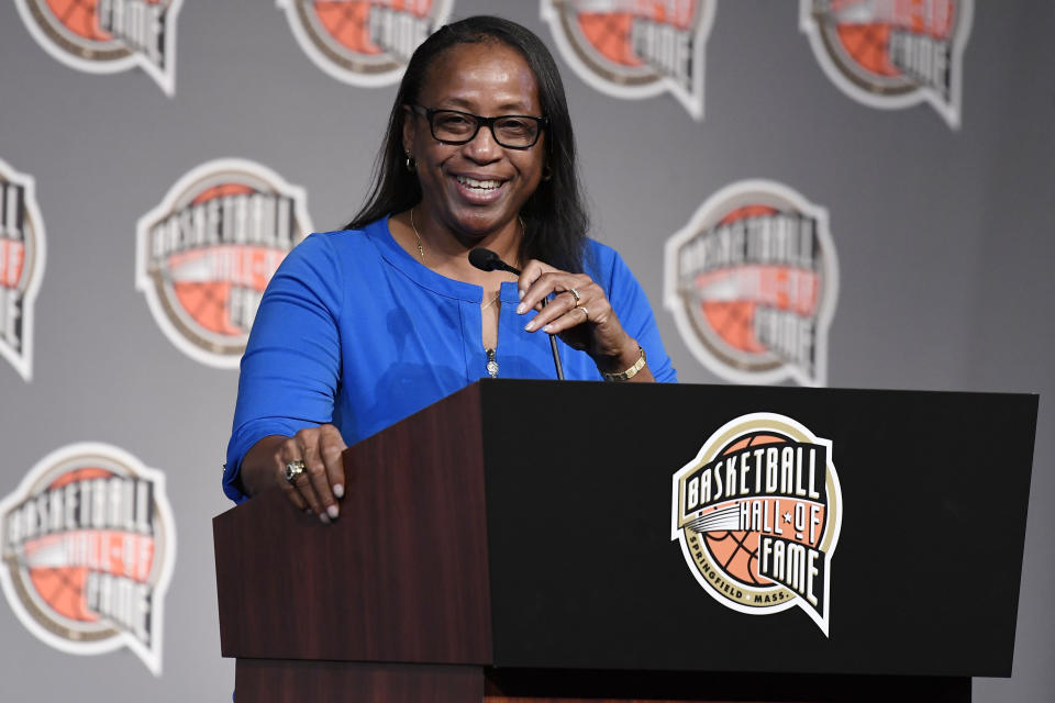FILE - Basketball Hall of Fame Class of 2021 inductee Pearl Moore speaks at a news conference at Mohegan Sun, Friday, Sept. 10, 2021, in Uncasville, Conn. Long before Iowa star Caitlin Clark hit her first long-range three or signed her first autograph, Hall of Famer Pearl Moore had already set the scoring standard for women's basketball. (AP Photo/Jessica Hill, File)