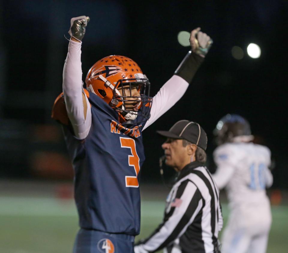 As time runs down, Attica's Landyn Thomas (3), celebrates their win over East Rochester/Gananda 16-8 in their Section V football Class C championship game Saturday, Nov. 12, 2022 at SUNY Brockport.