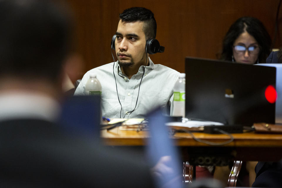 Cristhian Bahena Rivera listens to court proceedings in his trial, on Monday, May 24, 2021, in the Scott County Courthouse, in Davenport, Iowa. Bahena Rivera is on trial after being charged with first degree murder in the death of Mollie Tibbetts in July 2018. (Kelsey Kremer/The Des Moines Register via AP, Pool)