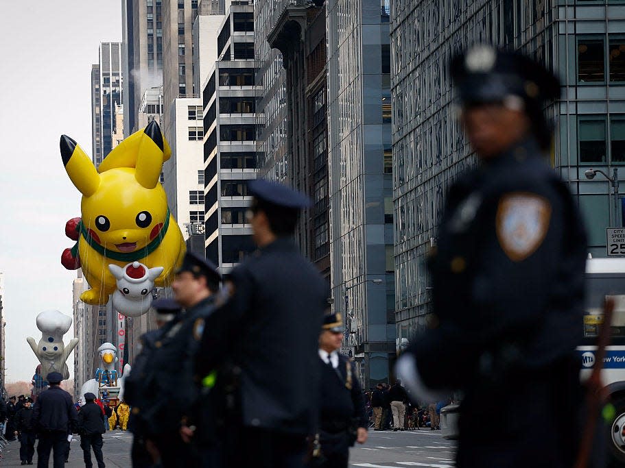 A Pikachu balloon at the Macy's thanksgiving day parade.
