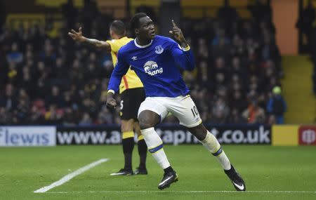 Football Soccer Britain - Watford v Everton - Premier League - Vicarage Road - 10/12/16 Everton's Romelu Lukaku celebrates scoring their second goal Action Images via Reuters / Alan Walter Livepic EDITORIAL USE ONLY. No use with unauthorized audio, video, data, fixture lists, club/league logos or "live" services. Online in-match use limited to 45 images, no video emulation. No use in betting, games or single club/league/player publications. Please contact your account representative for further details.