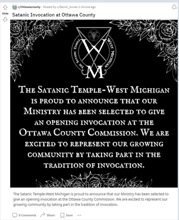 The Satanic Temple-West Michigan will give an opening invocation before the Ottawa County Board of Commissioners on April 23.