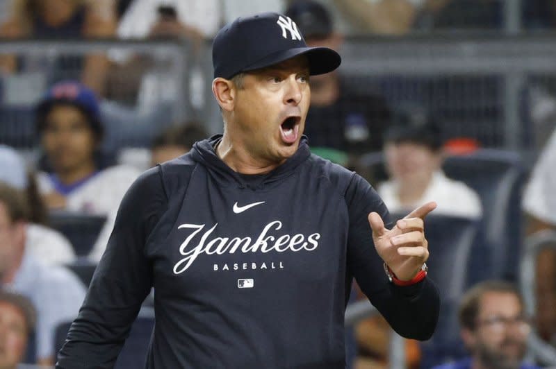 New York Yankees manager Aaron Boone was ejected for the sixth time this season Monday in Chicago. File Photo by John Angelillo/UPI