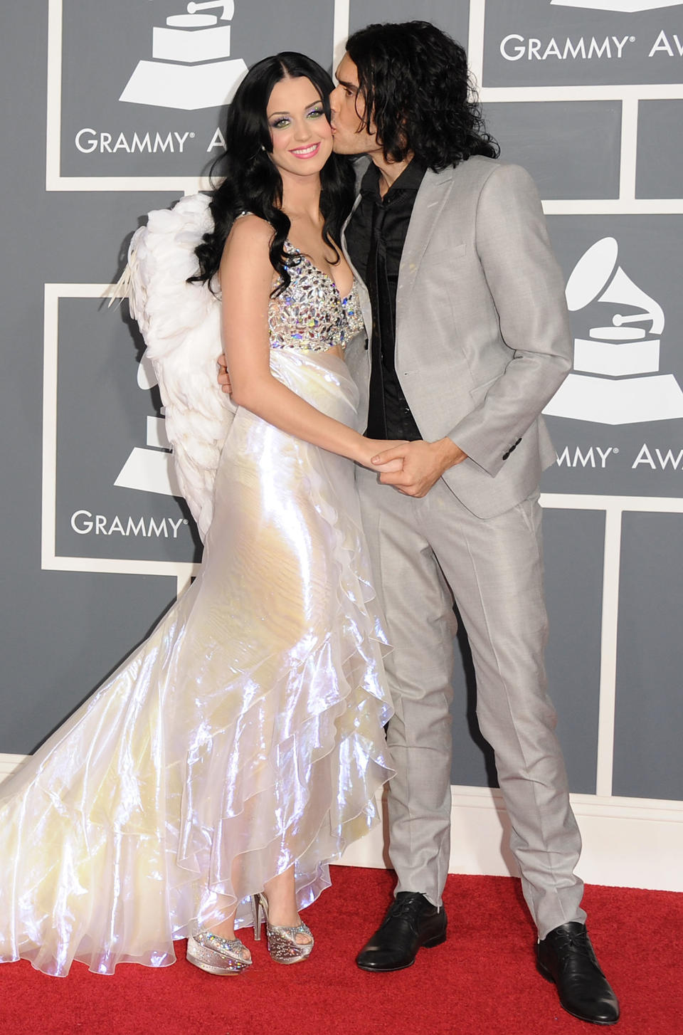 With then-husband Russell Brand at the 53rd annual&nbsp;Grammy Awards held at Staples Center on Feb. 13, 2011, in Los Angeles. Perry was wearing an angelic gown by <a href="http://www.redcarpet-fashionawards.com/2011/02/15/more-from-the-2011-grammy-awards-red-carpet/" target="_blank">Giorgio Armani</a>.