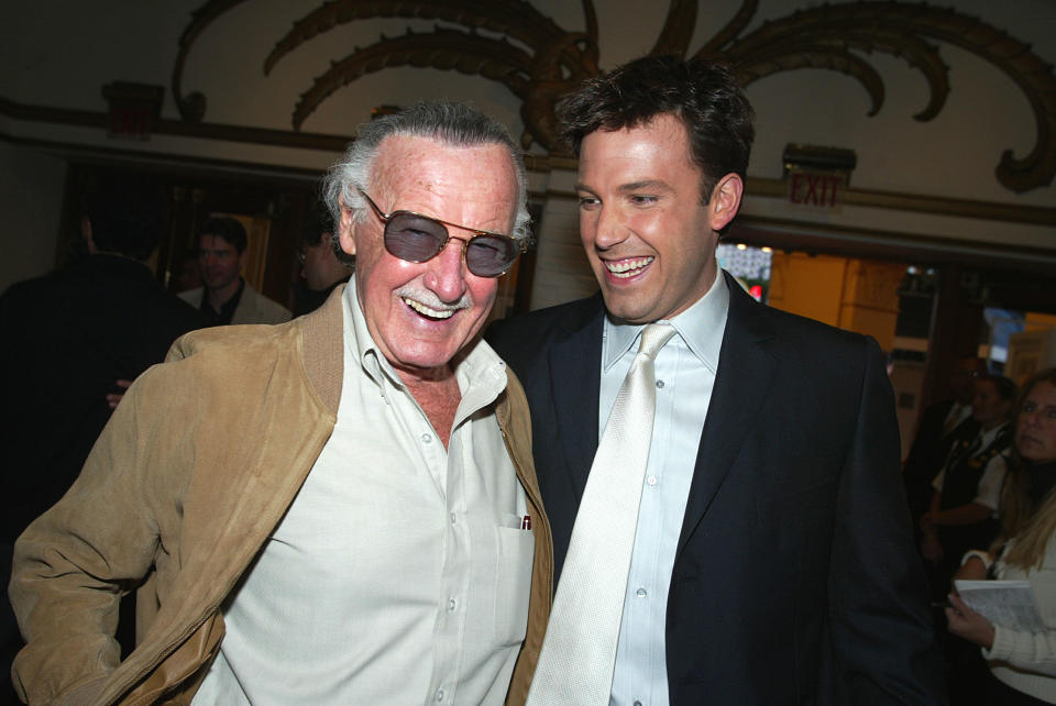 LOS ANGELES - FEBRUARY 9:  Executive Producer Stan Lee (L) and actor Ben Affleck pose in the lobby at the premiere of 