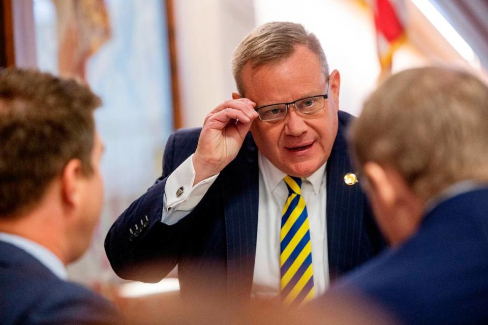 House Speaker Tim Moore, center, confers with his chief of staff, Neal Inman, left, and Rep. Destin Hall, a Caldwell and Watauga County Republican, Thursday, Sept. 21, 2023, prior to the first of several votes on the budget at the General Assembly. Travis Long/tlong@newsobserver.com