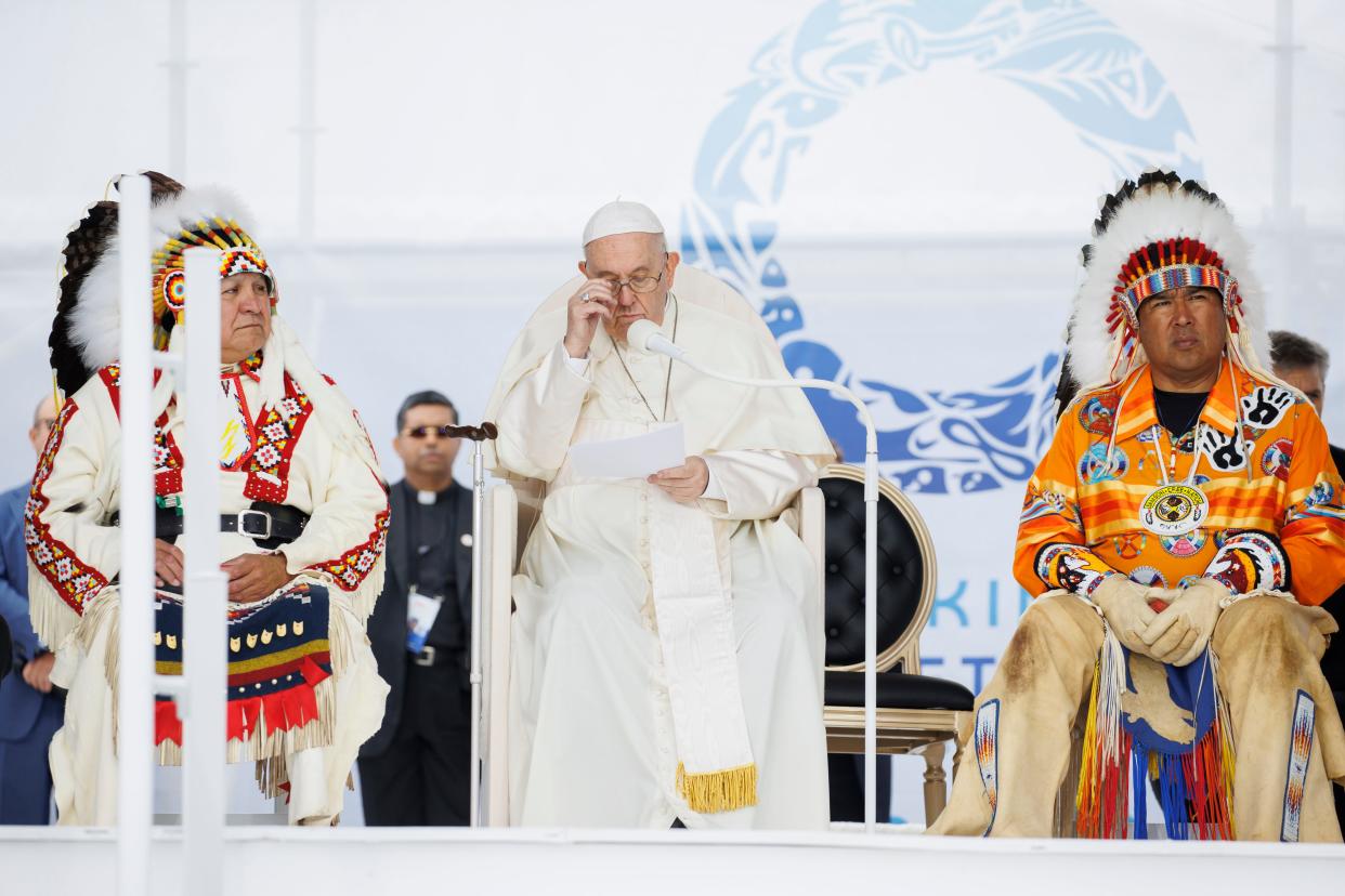 Pope Francis gives remarks as he makes an apology for the treatment of First Nations children in Canada's Residential School system, during his visit to Maskwacis, Canada on July 25, 2022. The Pope is touring Canada, meeting with Indigenous communities and community leaders in an effort to reconcile the harmful legacy of the church's role in Canada's residential schools.