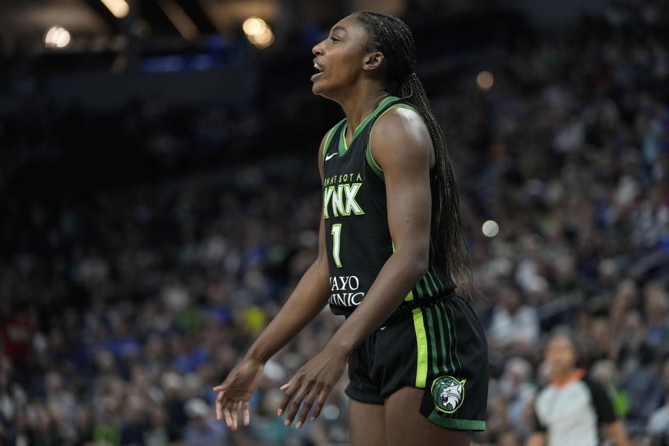 Minnesota Lynx guard Diamond Miller reacts after being called for a foul against the Connecticut Sun during the first half of Game 3 of a WNBA first-round basketball playoff series Wednesday, Sept. 20, 2023, in Minneapolis. (AP Photo/Abbie Parr)