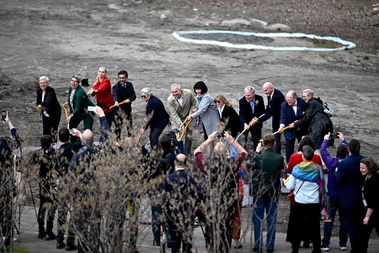 Survivors of Canada's LGBT purge and political leaders participated in a ground breaking ceremony Wednesday afternoon near the future site of Thunderhead, a national 2SLGBTQ+ monument. (Justin Tang/The Canadian Press - image credit)