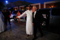 <p>Qatar’s Minister of Defense Khalid bin Mohammad Al-Attiyah, left, welcomes Defense Secretary James Mattis at his residence in Doha, Qatar, Saturday April 22, 2017. (Photo: Jonathan Ernst/Pool via AP) </p>