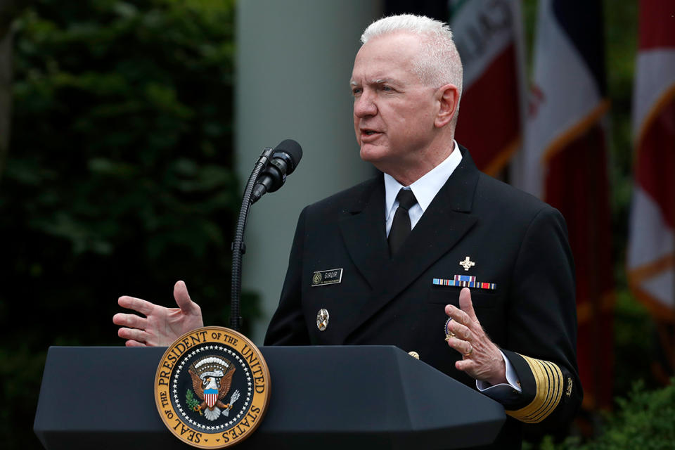 Adm. Brett Giroir, assistant secretary of Health and Human Services, speaks about the coronavirus during a press briefing in the Rose Garden of the White House, Monday, May 11, 2020, in Washington. (AP Photo/Alex Brandon)