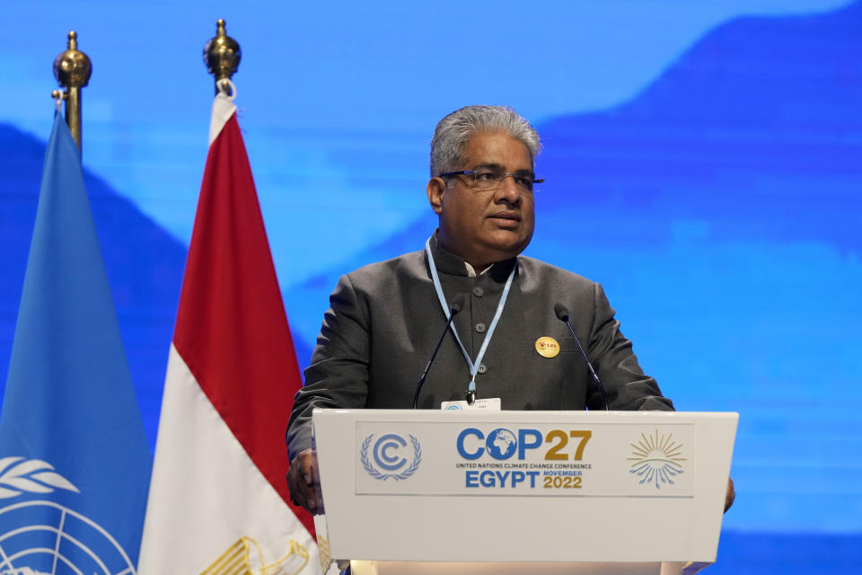 Bhupender Yadav, minister environment of India, speaks at the COP27 U.N. Climate Summit, Tuesday, Nov. 15, 2022, in Sharm el-Sheikh, Egypt. (AP Photo/Peter Dejong)
