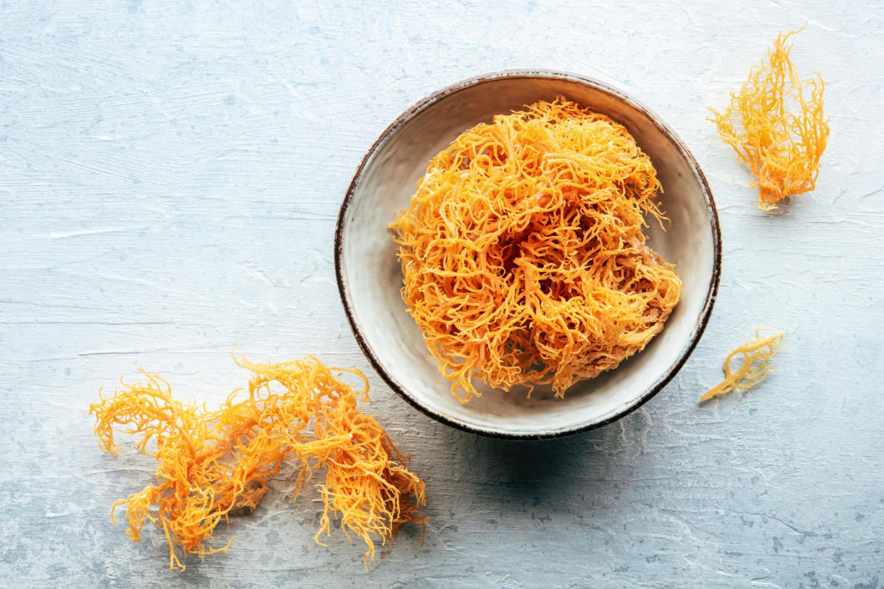 Overhead flat lay shot of a bowl of Irish Sea moss, Chondrus Crispus, a healthy organic raw seaweed